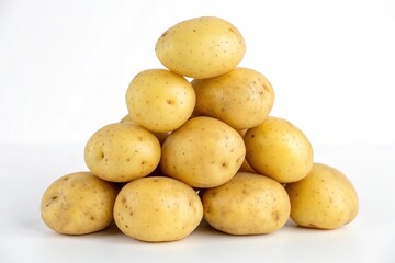 Group of fresh yellow potatoes arranged in a pyramid shape on a white background, white tablecloth, boiled potatoes, fresh yellow potatoes, food styling, pyramid formation