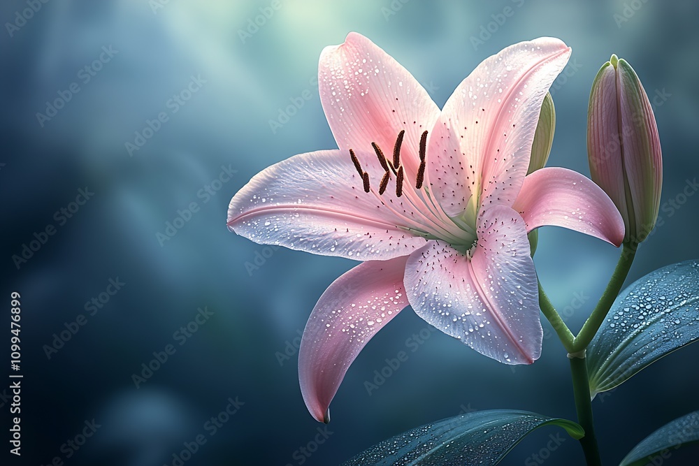 Poster Serene Pink Lily with Dew in a Dreamy Soft Focus Background : Generative AI