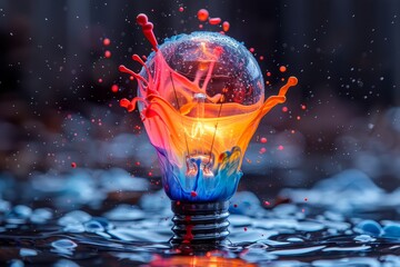 Explosive creativity  vibrant colors burst from light bulb on black background, inspiring new ideas