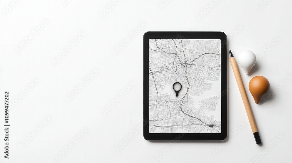 Poster Modern tablet displaying a detailed map with a location pin, surrounded by wooden and plastic accessories on a clean workspace background for travel and navigation themes