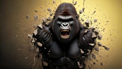 Gorilla smashes wall by punching .Explosion