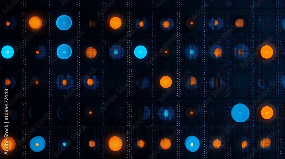 Poster abstract digital lights display showcasing a vibrant array of circular shapes in blue and orange col