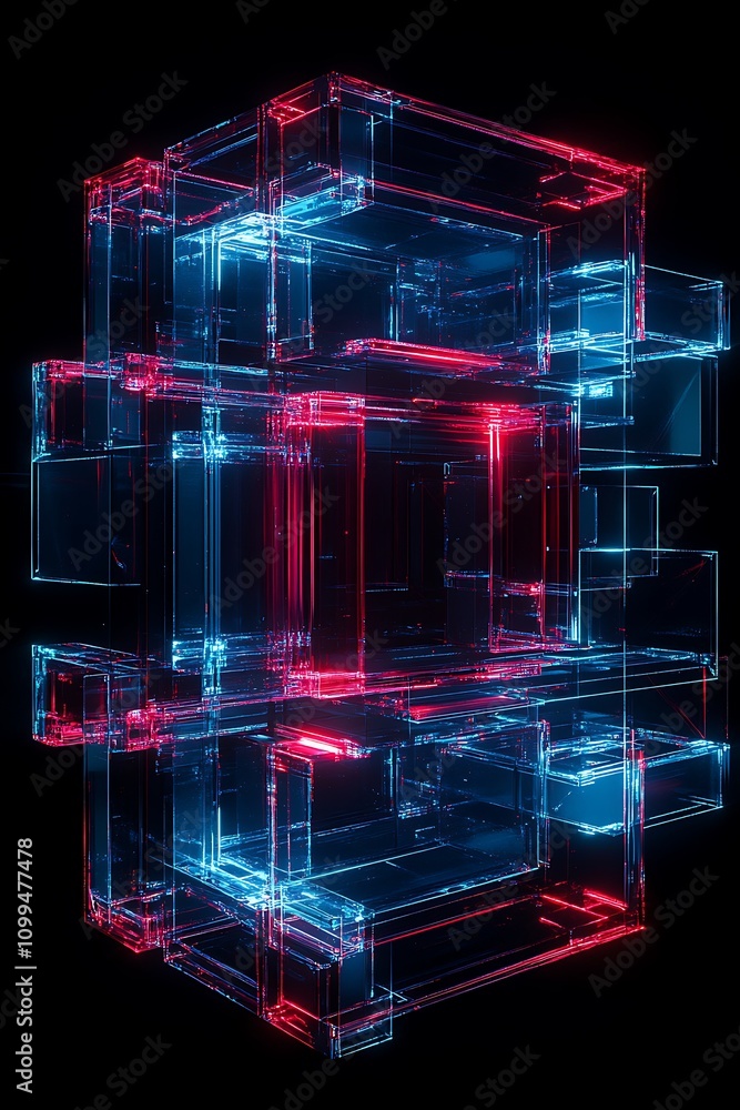 Poster abstract digital structure with glowing transparent cubes in red and blue colors against a dark back