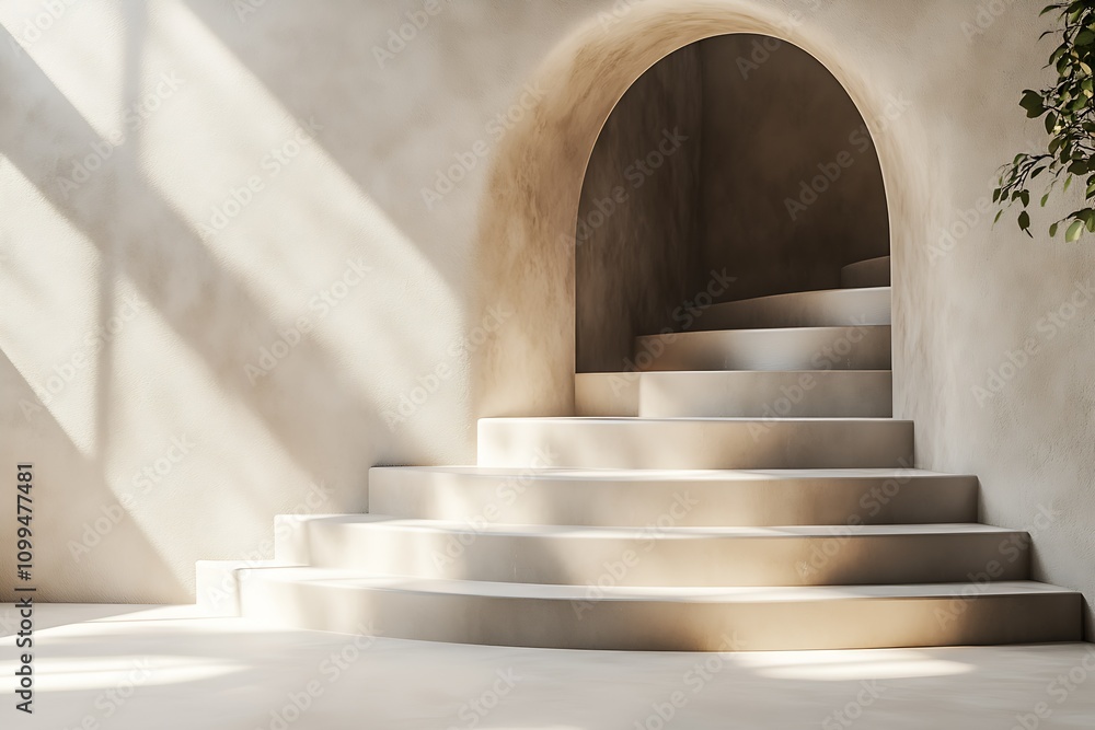 Poster Serene Modern Architecture Featuring Curved Stone Steps with Soft Sunlit Shadows : Generative AI
