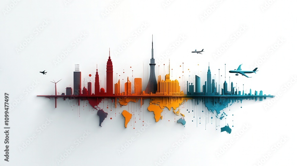 Poster colorful silhouette of world cities with airplanes and landmarks representing global connectivity in