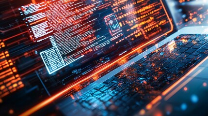 Futuristic Laptop Displaying Code and Data with Digital Effects