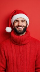 Fototapeta premium Joyful Man in Christmas Sweater and Santa Hat Against Red Background
