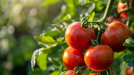 Ripe cherry tomatoes on the vine in sunlight