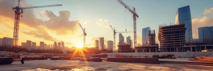 Construction site at sunset with cranes and buildings in progress.