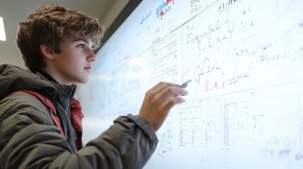 Teacher Demonstrating Math Problems on Smartboard