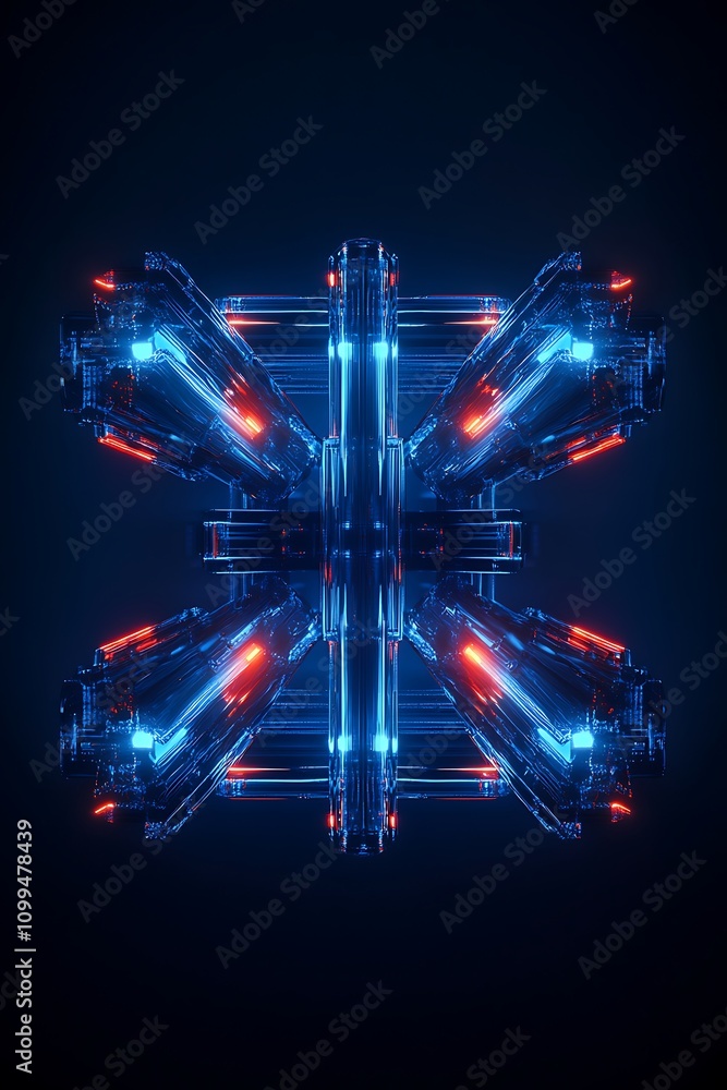 Poster abstract futuristic design featuring symmetrical neon light patterns, illuminated structures, and gl