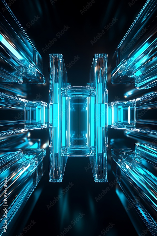 Poster abstract futuristic design featuring translucent glass structures illuminated by vibrant blue light,