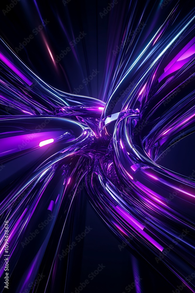 Poster abstract futuristic design featuring vibrant purple and blue metallic tubes intertwining and glowing