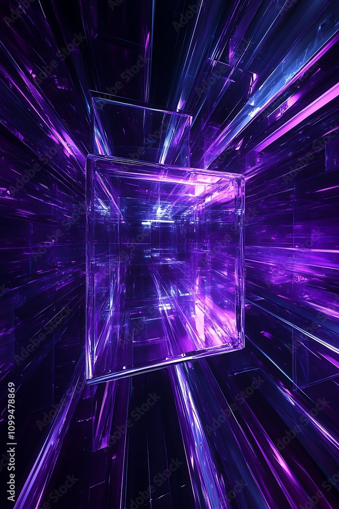 Poster abstract futuristic environment featuring glowing purple and blue lines with transparent cubes, crea