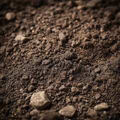 Rich, dark soil texture with small stones, ideal for gardening and landscaping. Captures the essence of nature and earth.