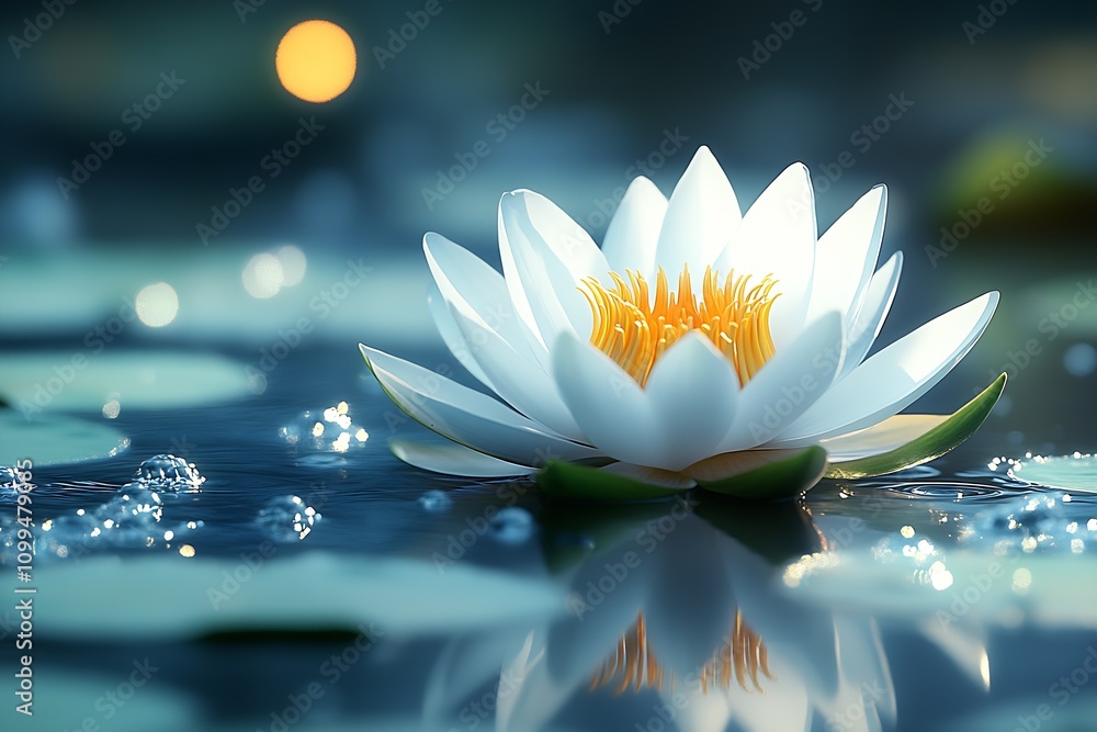 Poster serene white lotus flower surrounded by lily pads in peaceful pond setting : generative ai