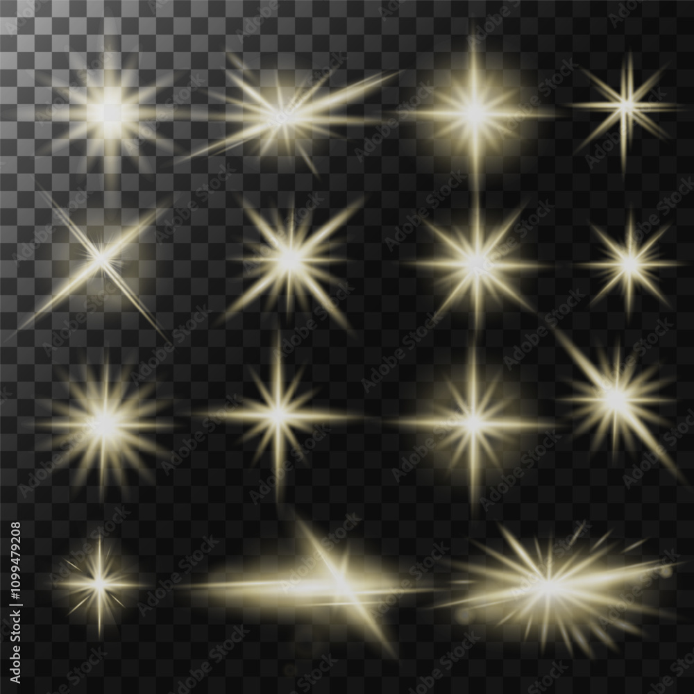 Poster bright flashes of light, glowing stars overlay effect for banners and designs set on a transparent b