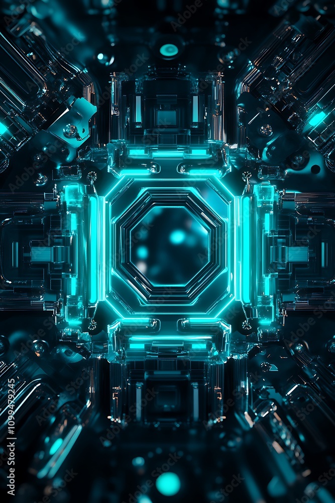 Poster abstract futuristic structure with neon blue lights and geometric patterns in a dark environment, hi