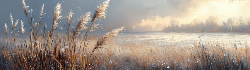 Serene winter landscape with golden grass, soft sunlight, and tranquil water reflecting the sky's colors.