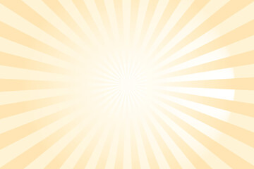 Sun ray vector background. Orange-peach yellow radial beam sunrise or sunset light retro design illustration. Light sunburst glowing background.