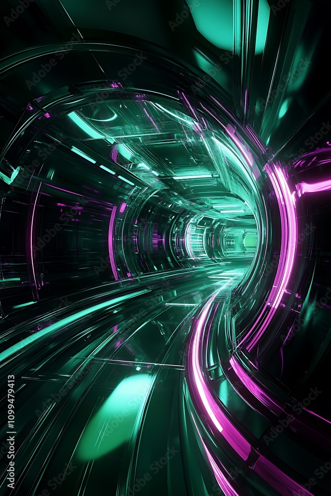 Poster abstract futuristic tunnel with vibrant neon lights in shades of teal and purple, creating a mesmeri