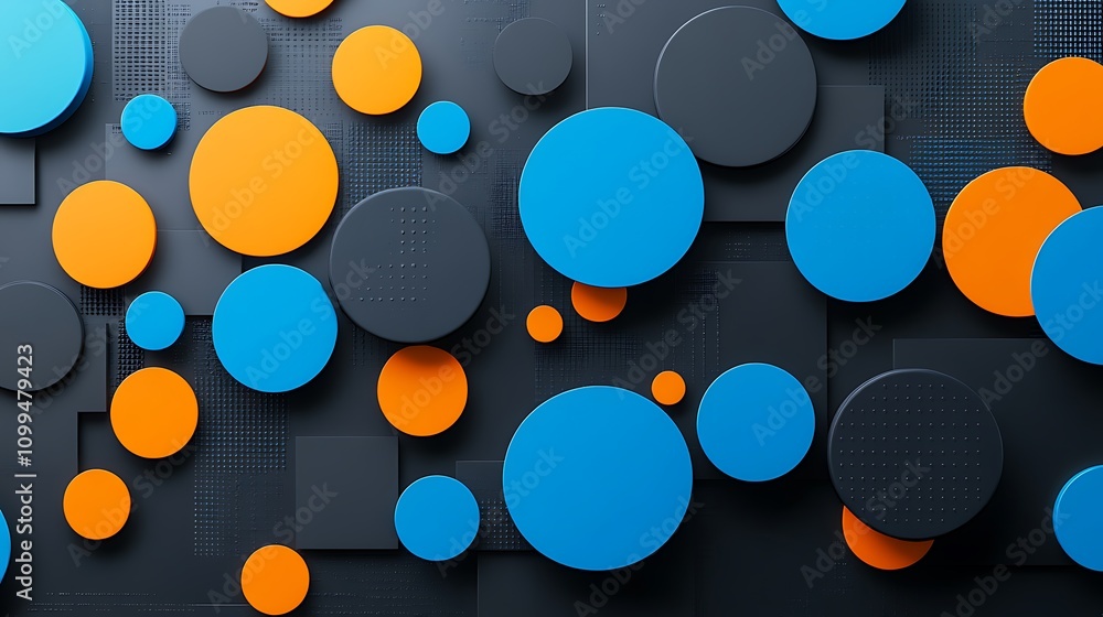 Poster abstract geometric background featuring circular shapes in vivid blue and orange on dark canvas for 