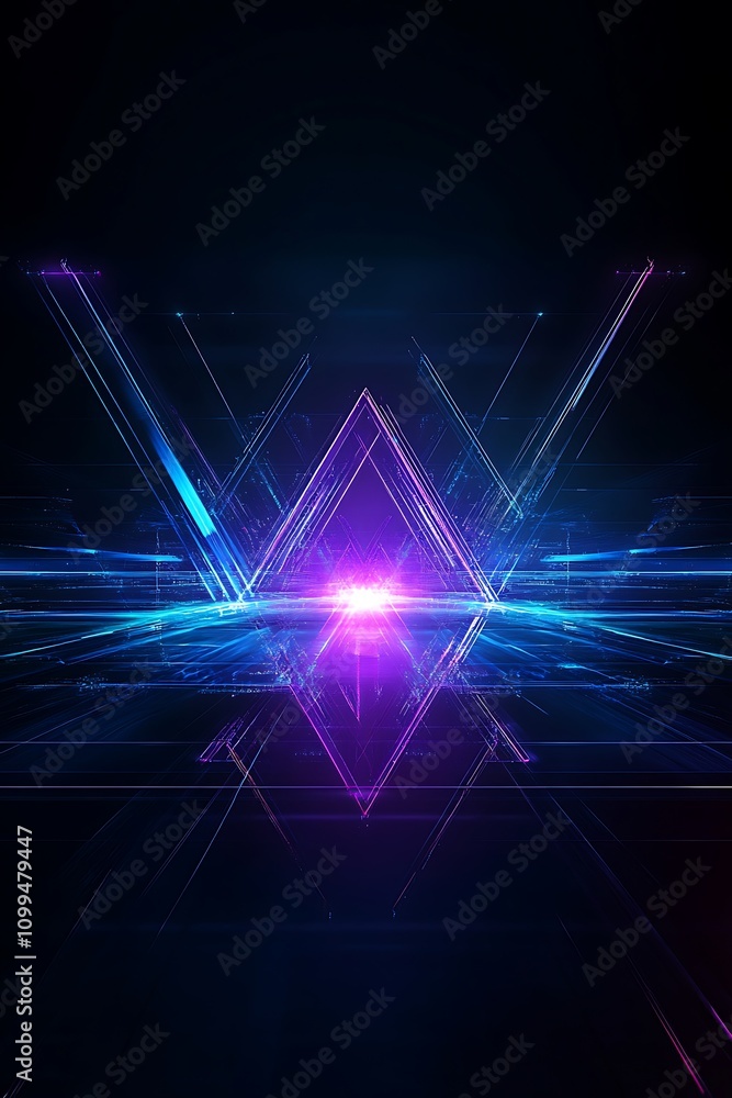 Poster abstract geometric composition featuring neon lines and luminous patterns creating a digital futuris