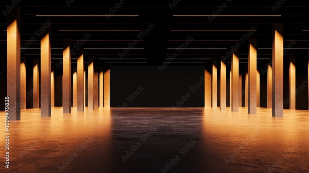 Poster a clean and empty gallery space with glowing floor lights and a central blank exhibition display are