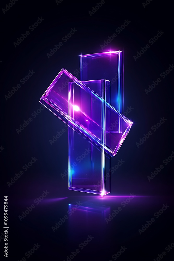 Poster abstract geometric shapes illuminated with vibrant neon colors in a dark setting, creating a futuris