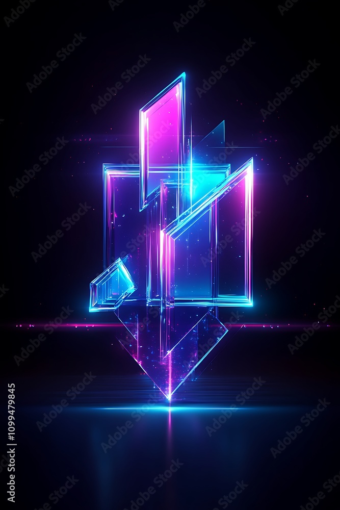 Poster abstract geometric shapes glowing with vibrant neon colors in a dark background, creating a visually
