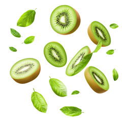 Fototapeta premium Falling kiwi fruit slices with green leaves on a white background