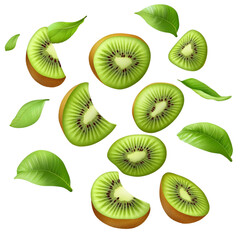 Fototapeta premium Falling kiwi fruit slices with green leaves on a white background
