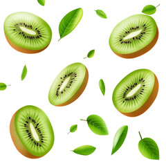 Fototapeta premium Falling kiwi fruit slices with green leaves on a white background