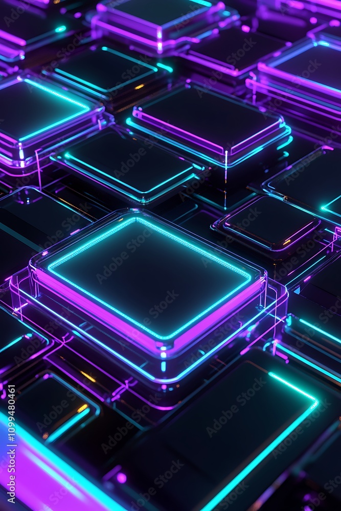 Poster abstract glowing squares with neon lights creating a futuristic digital pattern, perfect for technol