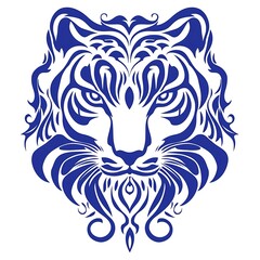 Fototapeta premium Stylized Blue Tiger Head Design, Ornamental Animal Illustration.