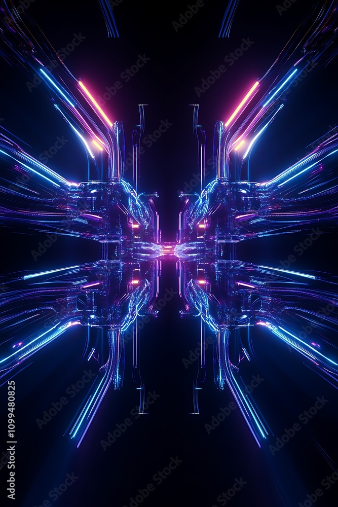 Poster abstract neon light reflection with futuristic lines creating a surreal visual effect for technology