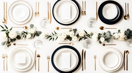 Elegant table setting with white plates, gold cutlery, crystal glasses and floral garland centerpiece on a white background.