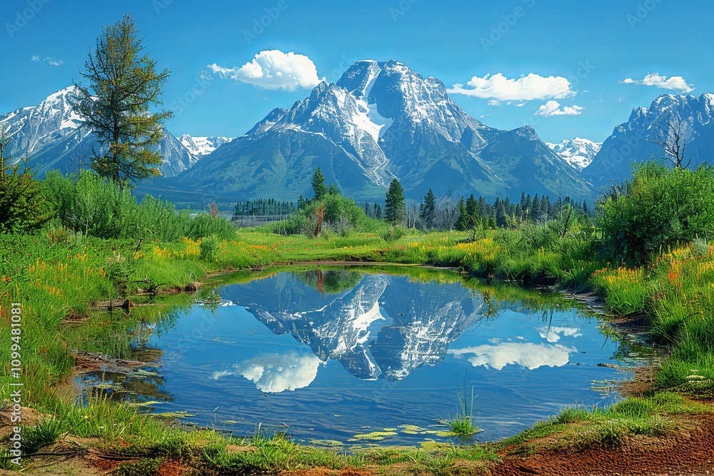 Wall mural Car mirror reflection of grand tetons in summer with clear skies and lush greenery   nature s beauty