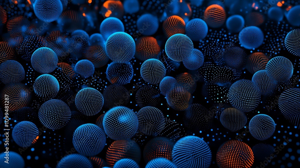 Poster abstract representation of floating spheres in vibrant blue and orange colors, showcasing intricate 