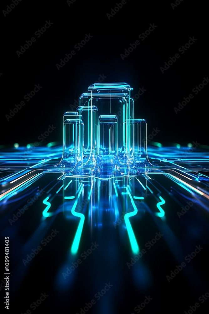 Poster abstract representation of futuristic technology with glowing circuit patterns and glass structures 