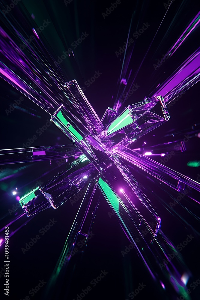 Poster abstract representation of vibrant neon crystal shards exploding in dynamic motion, showcasing rich 