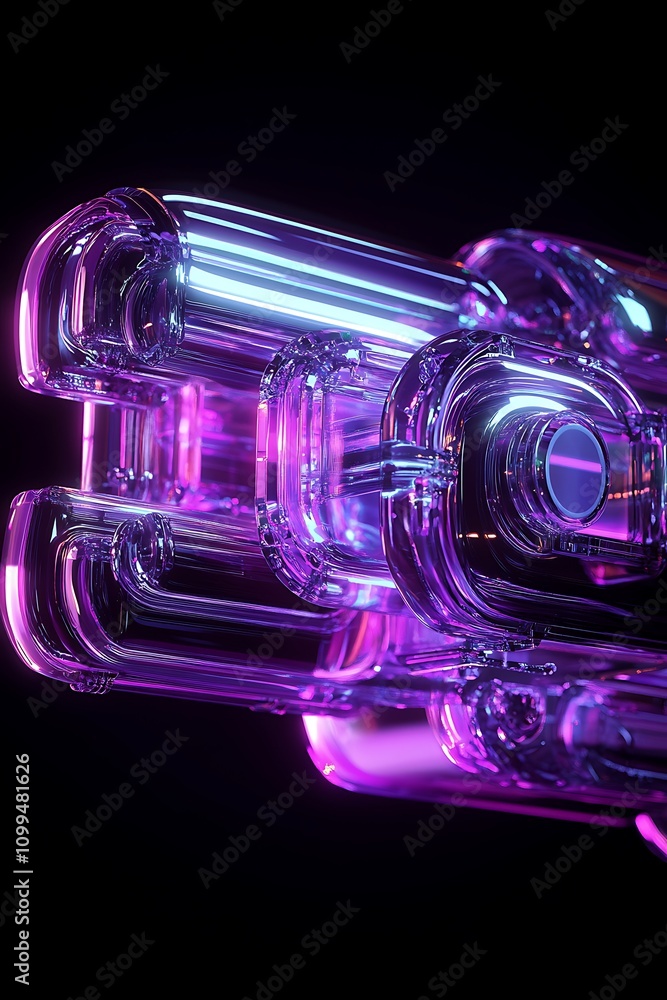 Poster abstract translucent tubes with vibrant neon glow, intertwined in mesmerizing patterns against a dar
