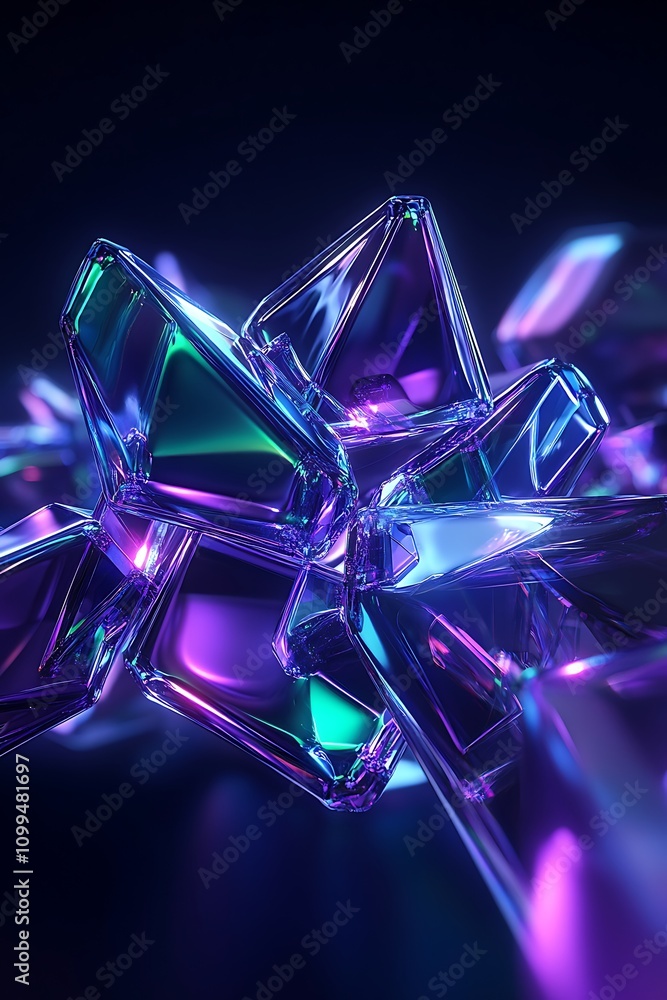 Poster abstract vibrant crystal formation with colorful reflections and light refractions creating an ether