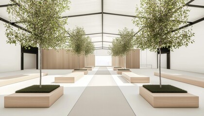 Fototapeta premium A presswall mock-up flanked by minimalist greenery and modern seating arrangements in a spacious event venue