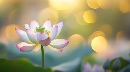 Graceful Lotus Blossom with Golden Bokeh and Soft Warm Hues by the Water's Edge : Generative AI