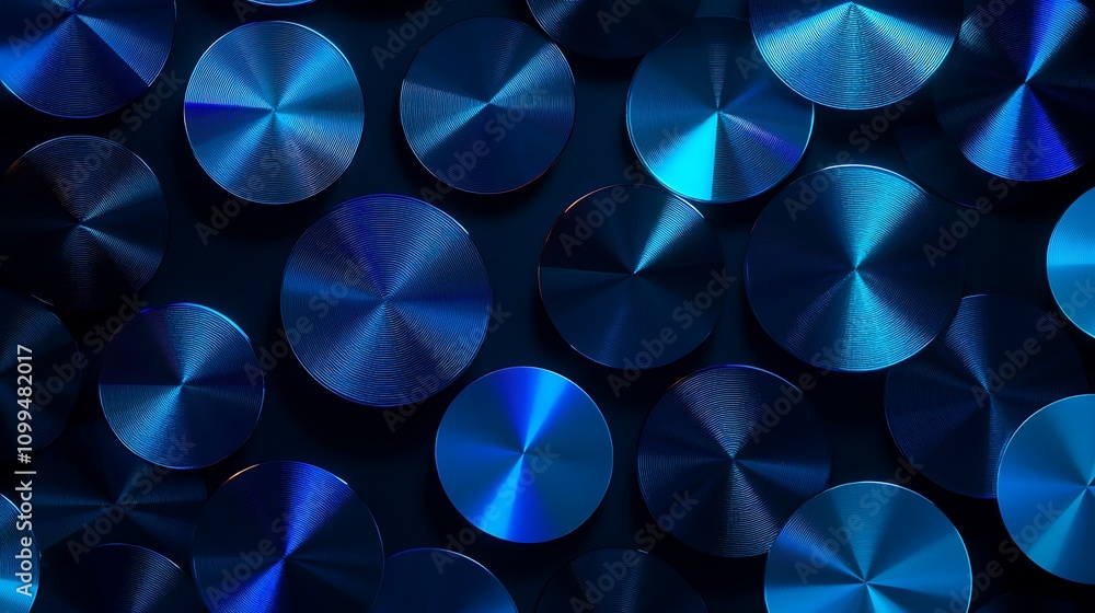 Poster blue metallic circular abstract background featuring brilliantly reflected light patterns across var