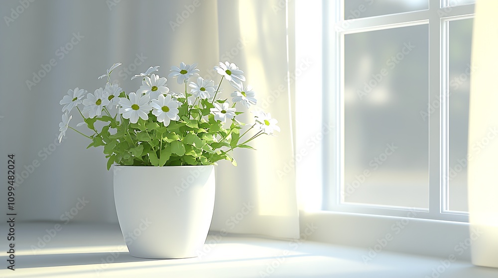Poster bright daylight illuminating daisies in minimalist white pot by window : generative ai