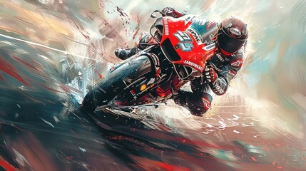 Obraz premium Dynamic painting of a racer leaning into a turn on a powerful motorbike.