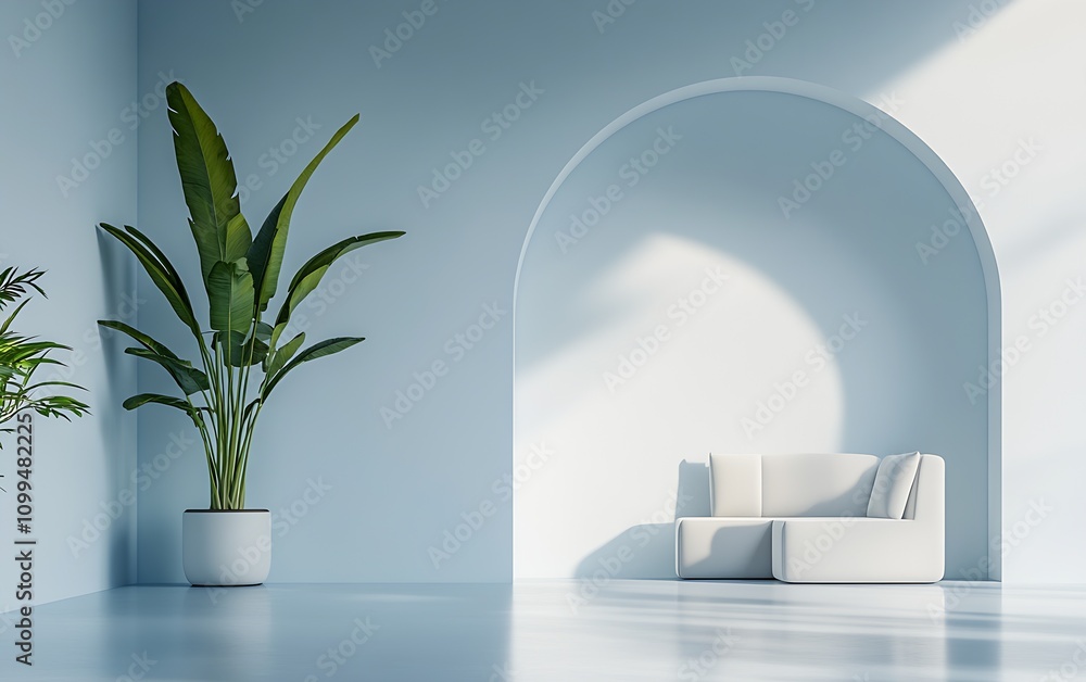 Poster Minimalist Interior Design with White Sofa and Large Green Plant in Modern Setting : Generative AI