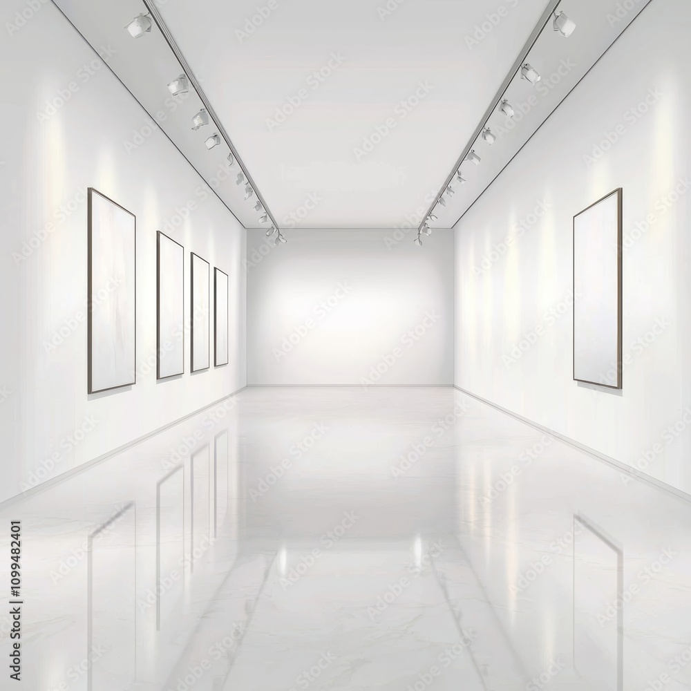 Poster a clean, empty gallery space with white walls and soft ceiling lights creating an elegant atmosphere